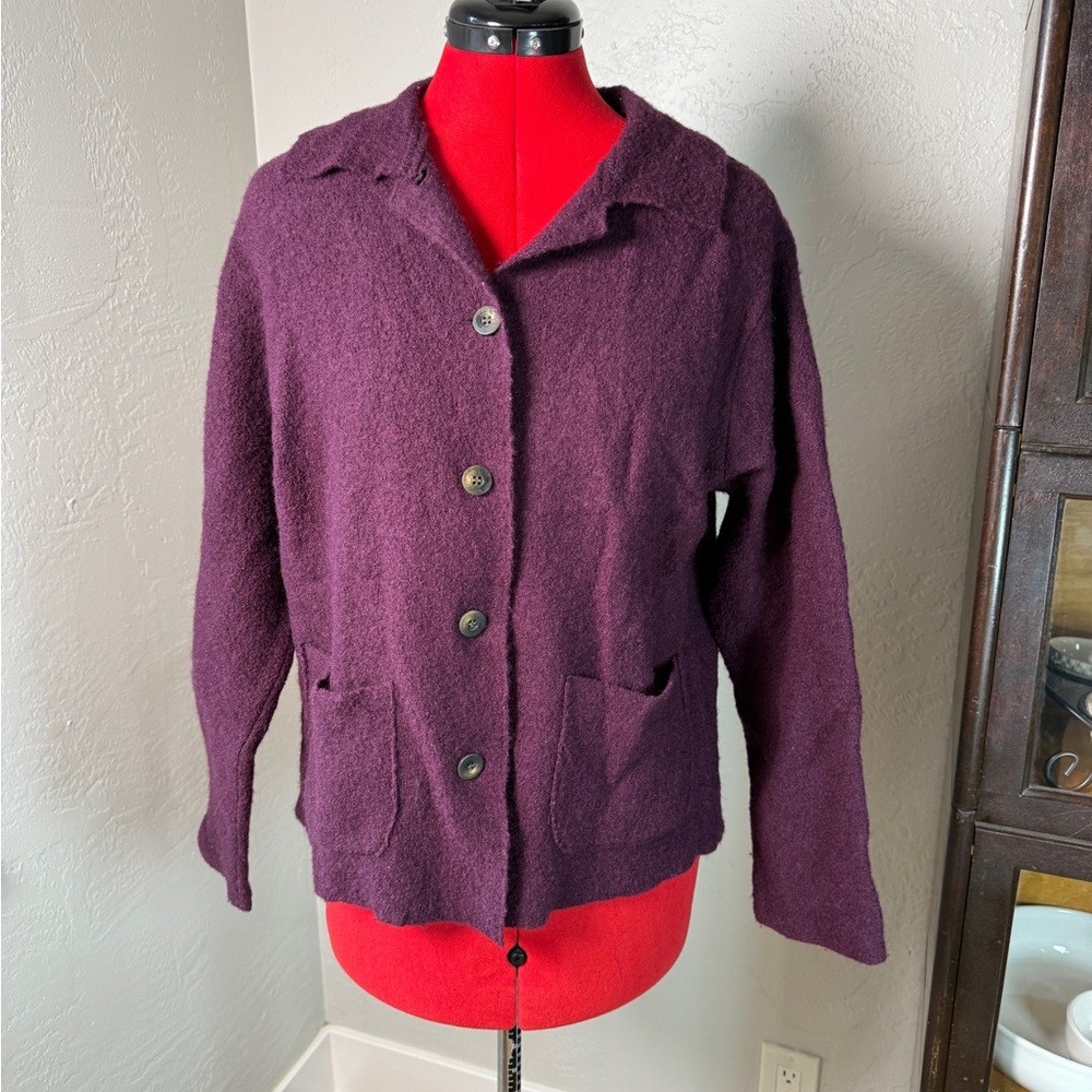 Vintage L.L.Bean Purple Y2K Wool Button Cardigan Sweater Front Pockets Size M